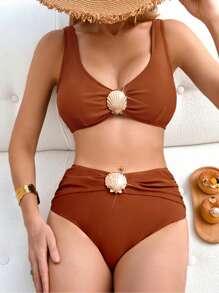 Swim Chiccia 2 Pieces Women's Elegant Vacation Metallic Shell High Waist Tummy Control Solid Color Bikini Set, Summer 2025 New Arrival - Coffee Brown - View 3