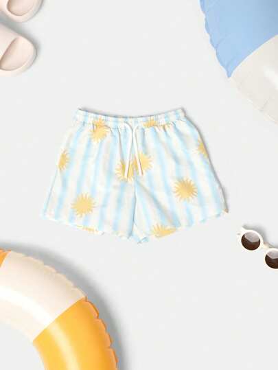 SUMWON 1 pièce Short de bain d'été pour garçons, short de plage, short de piscine, taille élastique avec cordon de serrage, motif soleil, tenue de plage pour vacances, short de bain pour enfants