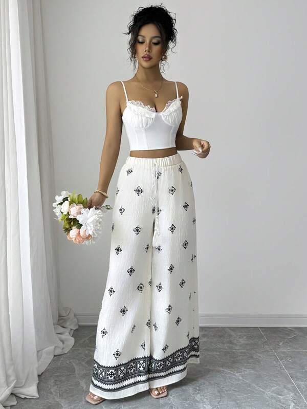 Elenzga Pantaloni casual cu talie legată și imprimeu floral pentru femei, pentru sărbători