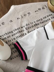 SHEIN Babygirl 可爱学院风夏季拼接短袖 Polo 衫和松紧腰百褶裙套装 - 白色 - 查看 3