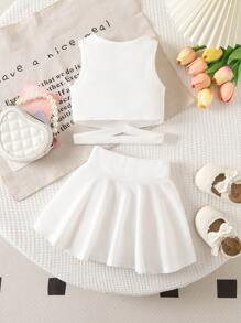 SHEIN 女婴可爱夏季优雅白色针织背心和松紧腰迷你裙可爱衣服套装 - 白色 - 查看 2