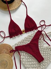 Swim Chiccia Springbreak Women's Solid Color Spaghetti Strap Metal Shell Decor Side Tie Simple Bikini Swimsuit Set, Summer - Red - View 2