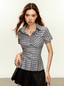 Rina Fox Women's Plaid Short Sleeve Single-Breasted Pocket Casual Shirt, Summer