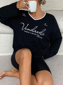 DAZY Set de 2 piezas para mujer que incluye una camiseta holgada de manga larga con cuello en V y estampado de letra, y un short ajustado para pijama