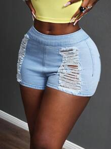 Slaydiva Shorts vaqueros desgastados y sexys para mujer - Azul - Ver 5