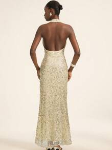 Aveloria Rosie 优雅奢华亮片装饰露背垂坠领无袖紧身长裙，性感别致女士正式派对礼服