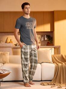 Manfinity Underwear&Sleepwear Basics Conjunto de pijama casual de manga corta de cuello redondo con estampado de letras para hombres, ropa de casa de verano