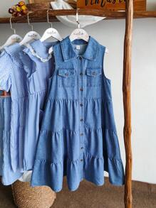 SHEIN Vintaside Kids 青少年女孩夏季无袖翻领时尚高端衬衫式牛仔连衣裙，适合派对、学校活动、生日、旅行和度假 - 藍色 - 查看 4