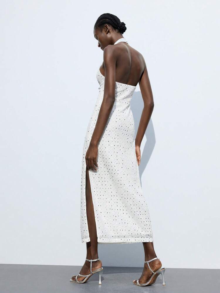 SHEIN Maija Women's Sexy Backless Sequin Dress, Summer Women White Dress Woman Summer Clothes Women Casual Dress Women Clothes Summer Outfits
