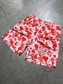PAVTROS Pantaloncini casual da uomo con vita elastica, stampa a lettere e mimetica, pantaloncini mimetici rossi, pantaloncini mimetici rosa, pantaloncini a cuore, pantaloncini sportivi