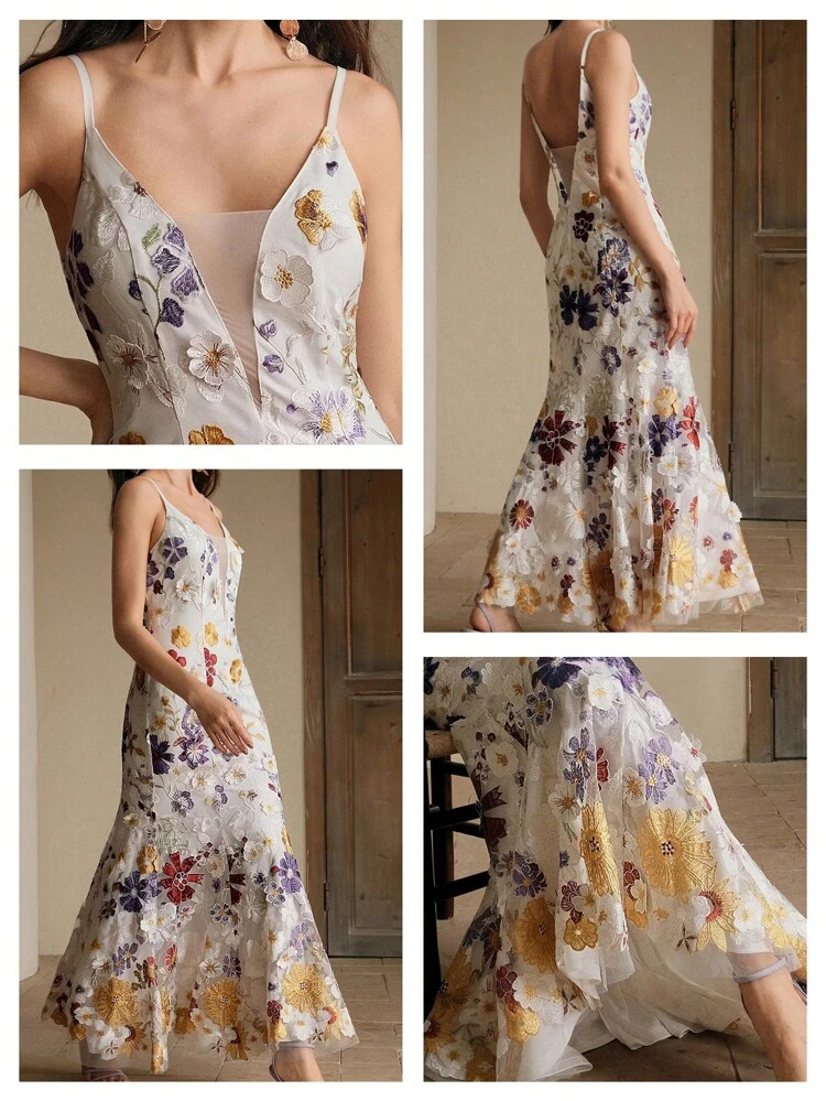 Embroidered Floral V-Neck Cinched Waist Mermaid Dress, Elegant For Dating, Spring/Summer, Festival, Graduation