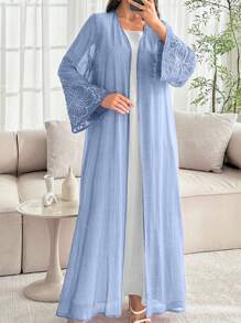 SHEIN Najma Lightweight Open Front Arabic Abaya Robe With Pearl Embroidered Trim On Cuffs And Collar, Spring/Summer - Blue - View 8