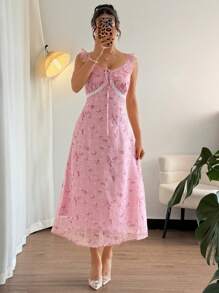 Islaluna Váy viền bèo nhún cổ vuông thanh lịch cho nữ, mùa hè - Hồng - Xem 1