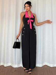 Islaluna Elegant Daily Commute Fitted Sleeveless Halter Neck Bowknot Pink & Black Long Jumpsuit