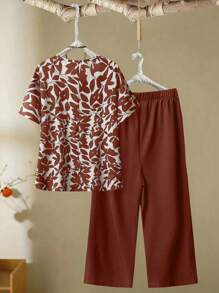 EMERY ROSE 2 chiếc/Bộ áo thun tay cánh dơi cổ tròn màu trơn mùa hè cỡ lớn cho nữ và quần ống rộng trang phục thường ngày - Nhiều màu - Xem 2