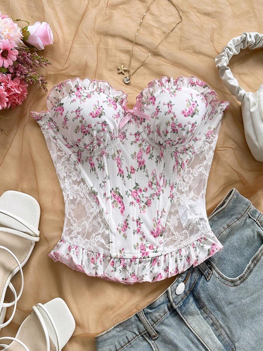 Soleia Top de tirantes de encaje con estampado floral en tonos rosas, apropiado para playa, citas, fiestas, festivales de música, estilo ballet, uso diario - Multicolor - Ver 1