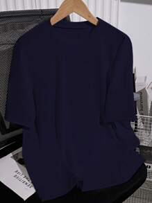 SHEIN PETITE 女式基本款纯色短袖 T 恤，休闲日常穿着，夏季 - 寶藍色 - 查看 6