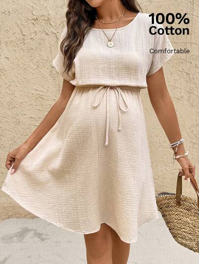 SHEIN Boat Neck Solid Color Waist Bowknot Decor Maternity Dress