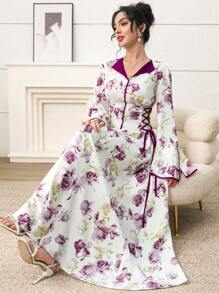 Yasmyna Floral Patchwork Tie-Waist Arabic Style Dress For Women, Homewear Jalabiya - Multicolor - View 1