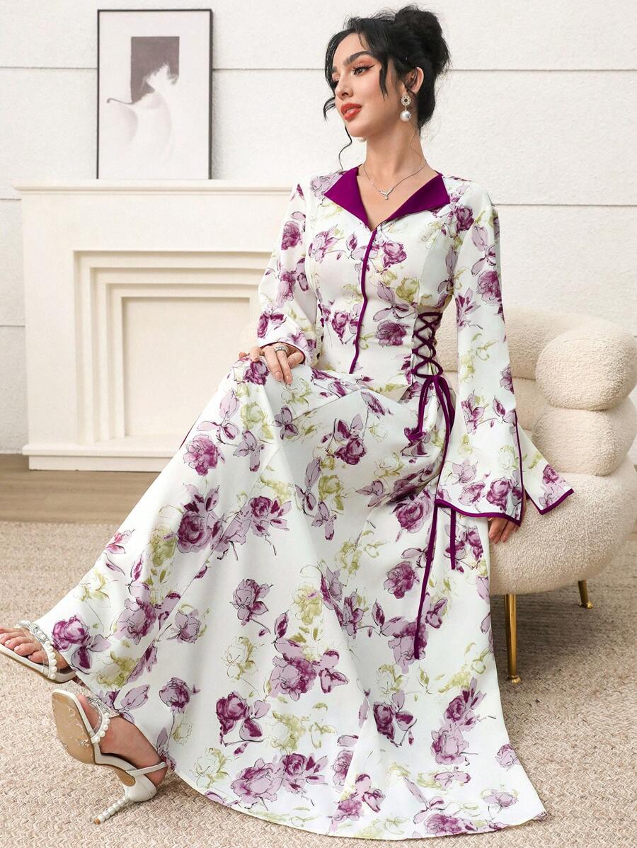 Yasmyna Floral Patchwork Tie-Waist Arabic Style Dress For Women, Homewear Jalabiya - Multicolor - View 1