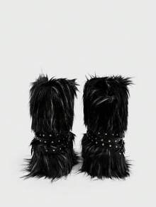 Sugerpunk 新款厚底雪地靴，毛皮衬里铆钉系带踝靴，修身深色哥特风格 - 黑色 - 查看 10