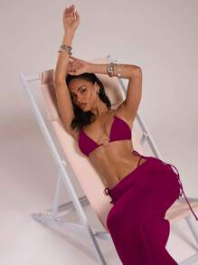 SHEIN BAE 女士三件套泳衣套装：金属银环装饰吊带软杯低腰荷叶边长裙