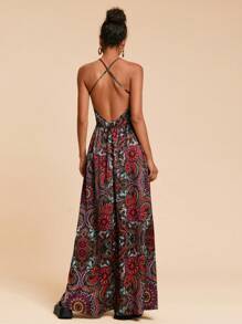 Travachic 深V領露背交叉佩斯利印花拖地吊帶洋裝 - 彩色 - 查看 3