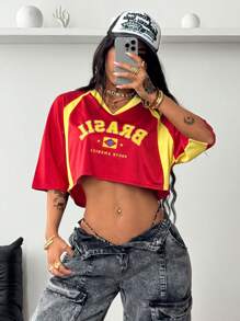 Coolane Women's Summer Brazil Rave Festival Streetwear Y2K Going Out Sportswear Brazil Graphics Patchwork Crop Tees - Red - View 5