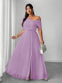 Elenzga 大码女式优雅浪漫婚礼/派对礼服，雪纺单肩开衩长裙 - 淡紫色 - 查看 5