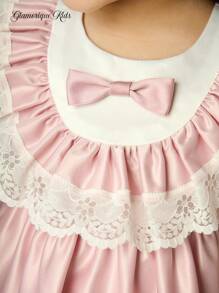 Glamorique Kids فستان بناتي من الساتان بألوان مختلطة مع تفاصيل من الدانتيل المكرمل، فستان حفلة بأسلوب كولدج مزين بعقدة الفيونكة للأطفال الرضع في عيد الميلاد