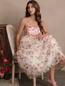 SHEIN Unity 女士优雅印花雪纺中长连衣裙 - 米色 - 查看 5