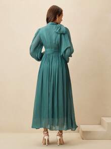 Anewsta Women's Pleated Waist Shiny Elegant Versatile Long Dress, Spring And Autumn - Dark Green - View 2