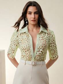 Anewsta 女士优雅镂空花卉蕾丝衬衫，适合度假、节日、海滩、节日、春夏、毕业典礼 - 綠色 - 查看 5