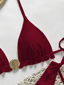 Swim Chiccia Springbreak Women's Solid Color Spaghetti Strap Metal Shell Decor Side Tie Simple Bikini Swimsuit Set, Summer - Red - View 3