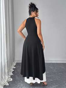 Elenzga Women's Plus Size Stand Collar Color Block Long Dress, Elegant Pleated Dress For Party, Summer - Multicolor - View 2
