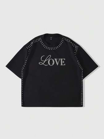 Street Life T-shirt ample à manches courtes pour hommes, imprimé de lettres et de perles, été