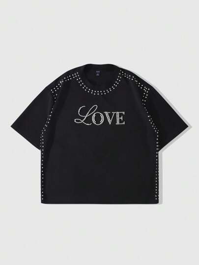 Street Life Men's Loose Short Letter & Pearl Print T-Shirt, Summer