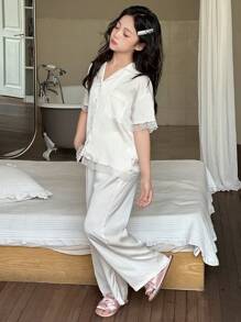 Dazy Kids Tween Girls Contrast Lace Short Sleeve Button Up Top And Pants Pajama Set - Apricot - View 4