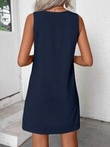 EMERY ROSE Women's Solid Color Button Pocket Casual Sleeveless Dress, Summer - Navy Blue - View 2