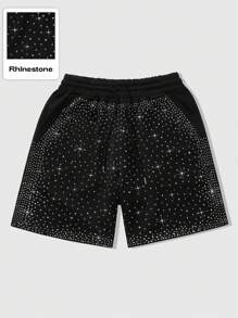 ROMWE MEN Unisex Street Life American Style Rhinestone Print Pattern Shorts - Black - View 1