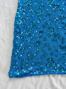 Soleia Aqua Blue Sequin Halter Backless Lace-Up Metallic Decor Mini Dress,Summer 70's Club Night Party Disco Tops For Music Festival,Concert - Blue - View 5