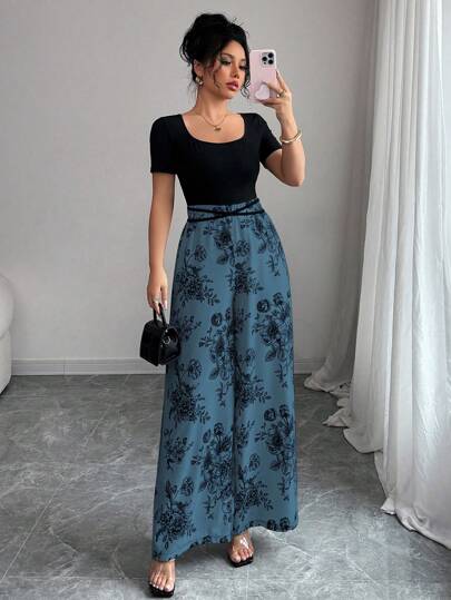 Gloray Women's Elegant Square Neck Tight Short Sleeve Top Splicing Colorblock Floral Wide Leg Pants Jumpsuit, Suitable For Summer Vacation