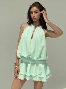 Aloruh Vestido corto de verano para mujer de unicolor con volantes en el bajo y escote halter sexy - verde menta - Ver 5