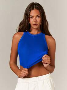 Athîral Áo ba lỗ thể thao hở vai màu trơn đơn giản cho nữ - Màu xanh lam - Xem 1