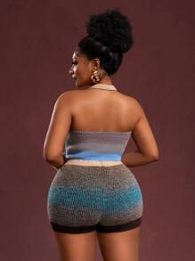 Veslaya 2 Pieces Set: 2025 Summer Beach Music Festival Gradient Plus Size Women Knit Hollow-Out Sexy Camisole And Shorts