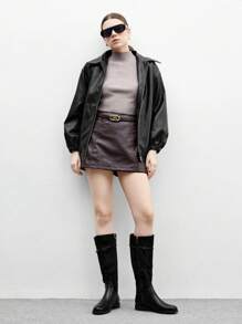 CUCCOO BIZCHIC 女士黑色拼接厚底及膝长靴，侧拉链开合，新款舒适百搭平底高筒靴 - 黑色 - 查看 10