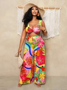 BamGleam 2pcs Women Tropical Print Crop Camisole & Wide Leg Pants Set, Vacation Outfit