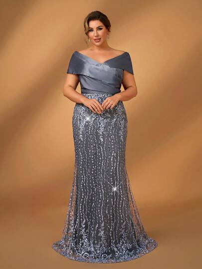 Serin 加大码优雅奢华灰色缎面拼布露肩褶饰美人鱼礼服，适合晚会、婚礼、蜜月、新娘母亲礼服