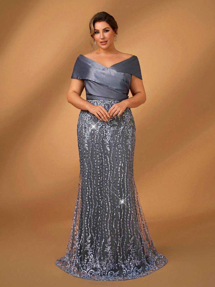 Serin 加大码优雅奢华灰色缎面拼布露肩褶饰美人鱼礼服，适合晚会、婚礼、蜜月、新娘母亲礼服 - 灰色 - 查看 1