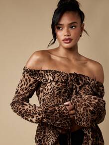 MISSGUIDED Off Shoulder Bardot Chiffon Blouse Animal Print Long Sleeve Ruffle Crop Festival Holiday Beach Summer Party Top - Multicolor - View 6